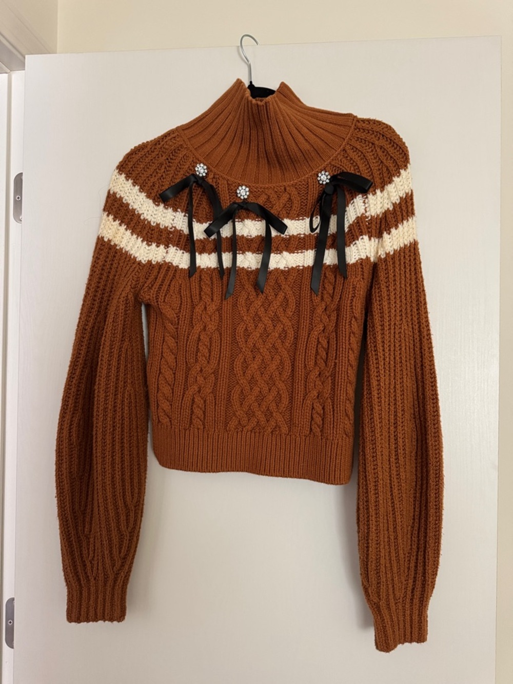 Anthropologie Cable Knit High-Neck Sweater with Ribbon Detail - Rust/Cream